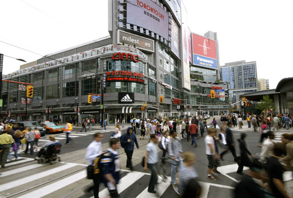 Scramble pedestrian crossing at Yonge and Dundas in Toronto