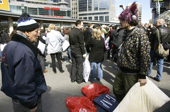 The pillow fight in Yonge-Dundas Square in Toronto 2009