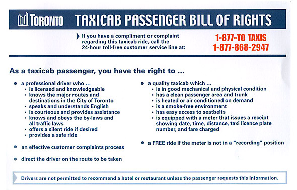 Toronto Taxi cab bill of rights