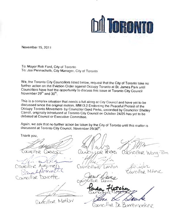 Councillors Letter Occupy Toronto