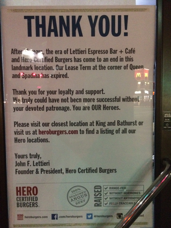 Toronto Hero Burgers closed
